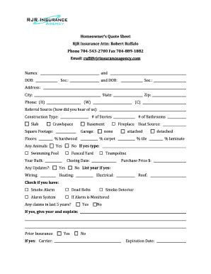 Fillable Online RJR Homeowners Quote Sheet - ... Fax Email Print ...