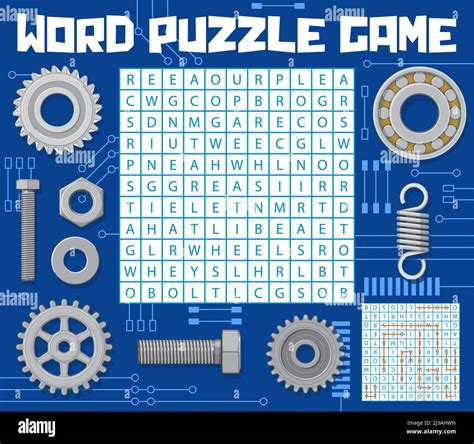 Mechanic spare parts on word search puzzle game worksheet. Kids quiz ...