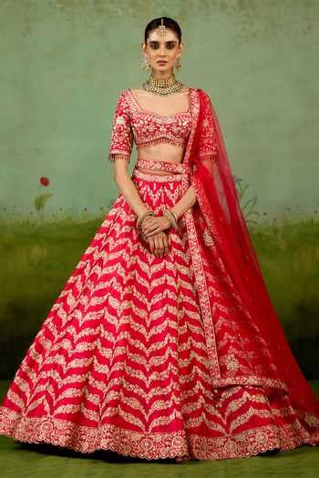 Buy Red Silk, Organza Embroidery, Zari, Beads Sweetheart Neck Lehenga ...