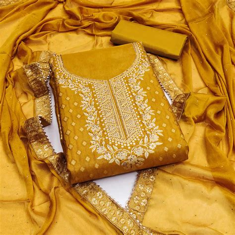 Mustard Floral Woven Shimmer Jacquard Dress Material