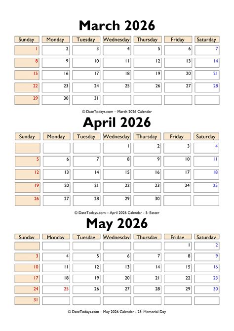 March April May 2026 Calendar Printable PDF - 3 Month Calendar