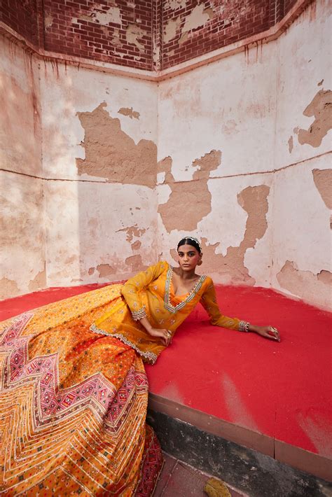 Buy Women's Mustard Chevron Lehenga with Kurta | Aditi Gupta
