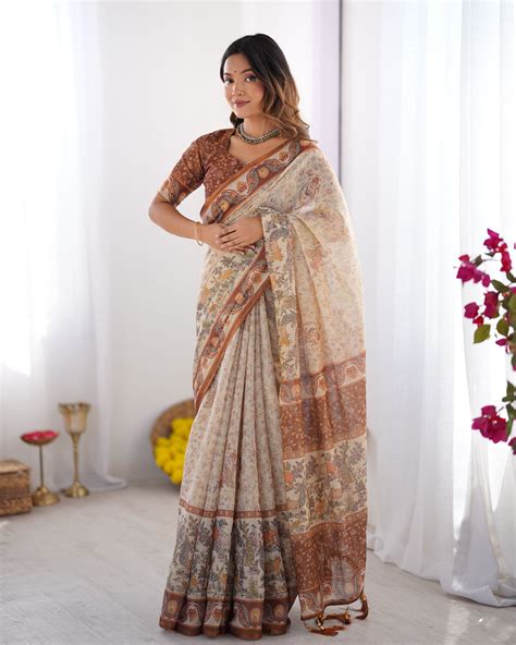 Elegant Beige & Brown Pure Linen Cotton Handloom Saree with Animal Mot ...
