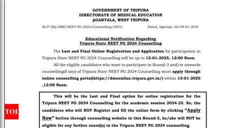 Tripura NEET PG 2024 Counselling round 3 registration extended till ...
