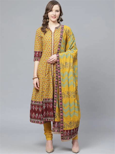 Women Mustard Coloured Kurta with Churidar & Dupatta – Rain & Rainbow