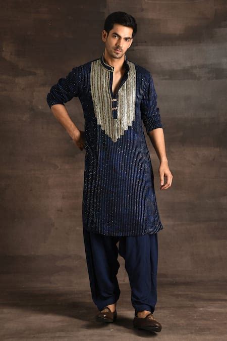 Buy Blue Georgette Embroidered And Embellished Sequin Kurta Set For Men ...