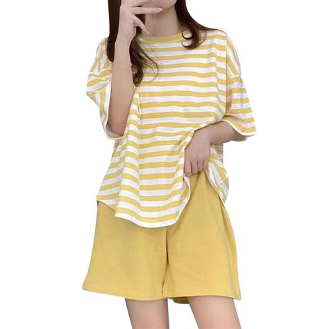 Besolor Women's Plus Size Pajamas Casual Striped Crewneck Short Sleeve ...