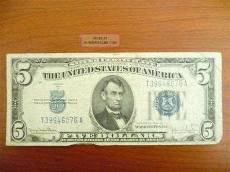 Silver Certificate Five Dollar $5 Bill Blue Seal 1934 - D Circulated