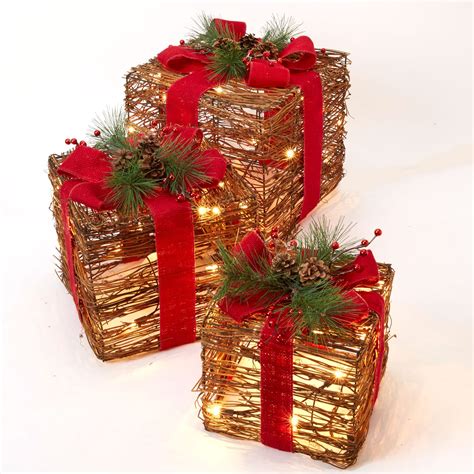 Set of 3 Pre-Lit Rattan Gift Boxes | Outdoor Christmas Lighted ...