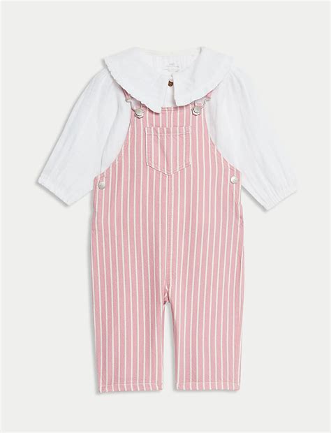 Buy 2pc Pure Cotton Striped Dungarees Outfit (0-3 Yrs) at Marks & Spencer