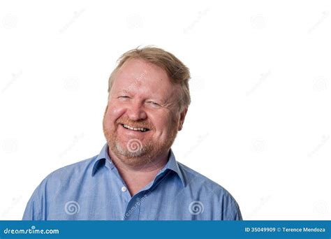 Laughing Middle Aged Bearded Guy in Blue Shirt - on White Stock Image ...