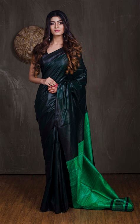 Handwoven Soft Staple Gicha Tussar Saree in Black and Green – Bengal ...