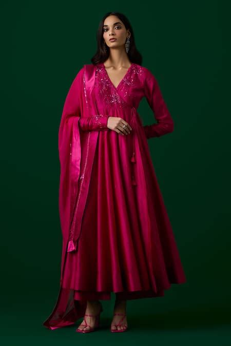 Buy Pink Chanderi Silk, Organza Crystals, Embroidery V-neck Anarkali ...