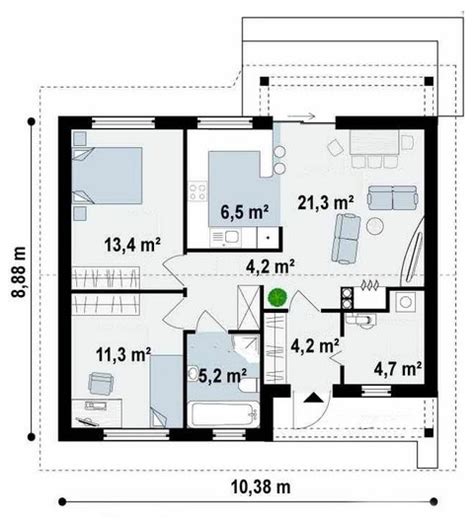 Plano de casa de 90 m2 y 3 dormitorios