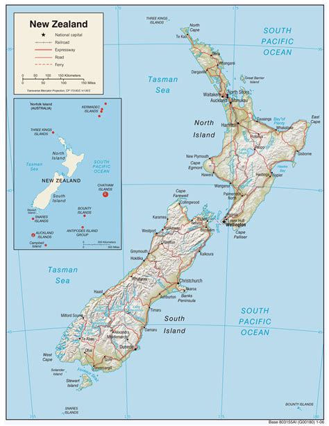 Large political and relief map of New Zealand with roads and cities ...