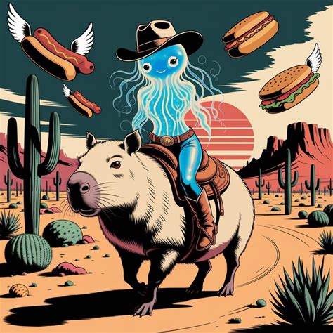 A surreal scene featuring a jellyfish cowgirl with a translucent ...