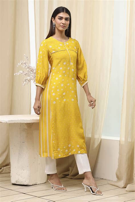 Buy Mustard Yellow Modal Printed A-Line Kurta Online at Biba India