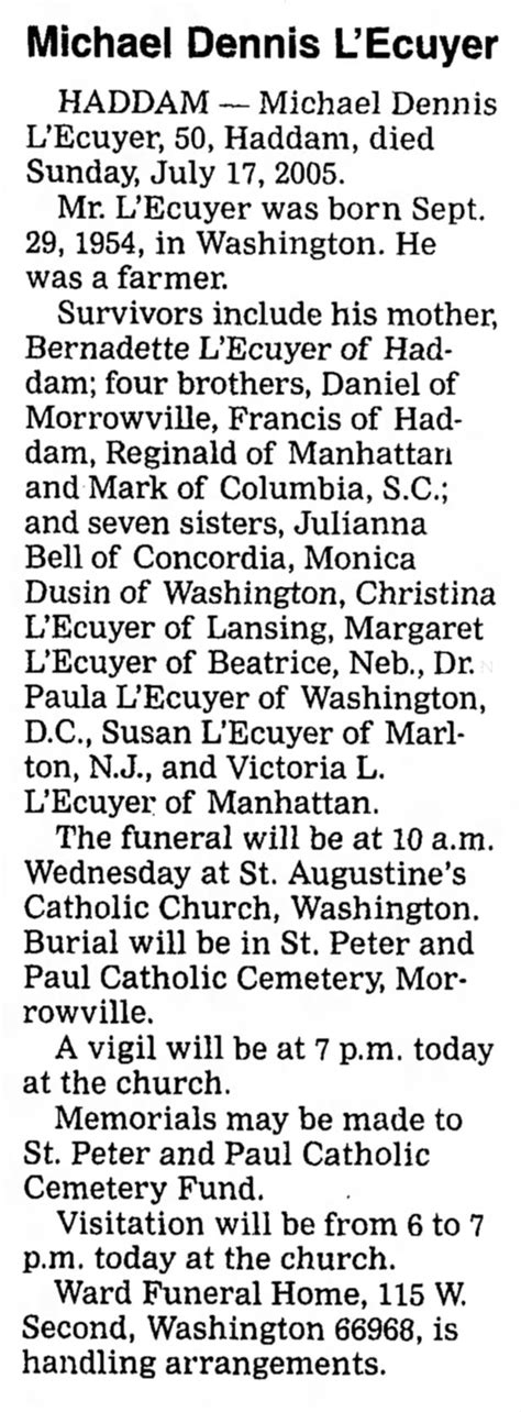 L'Ecuyer - Michael Dennis Obituary - The Salina Journal - 19 July 2005 ...