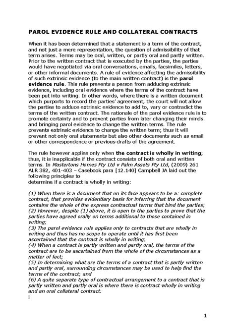 Parol Evidence Rule and Collateral Contracts: LAWS1075 Overview - Studocu