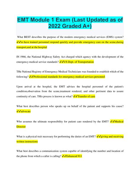 EMT Module 1 Exam (Last Updated as of 2022 Graded A+) – Scholarfriends ...