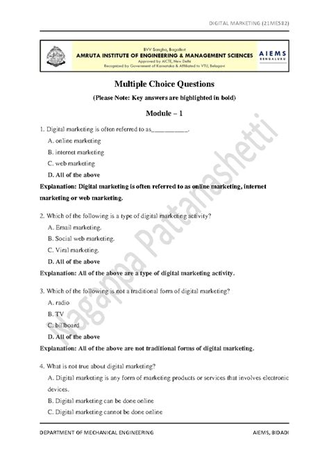 Digital Marketing MCQ Exam Prep with Answers (Module 1) - Studocu