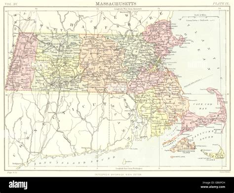 MASSACHUSETTS: State map showing counties. Britannica 9th edition, 1898 ...