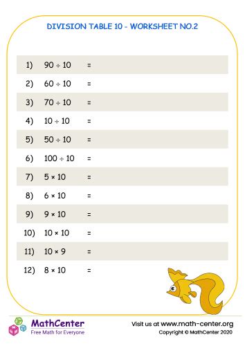 Division table 10 - worksheet no.2 | Worksheets | Math Center