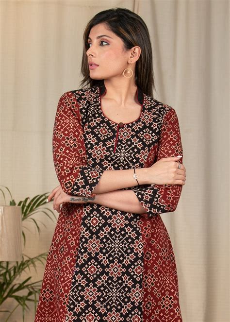 Black & maroon combination one piece Ajrakh cotton dress – Sujatra