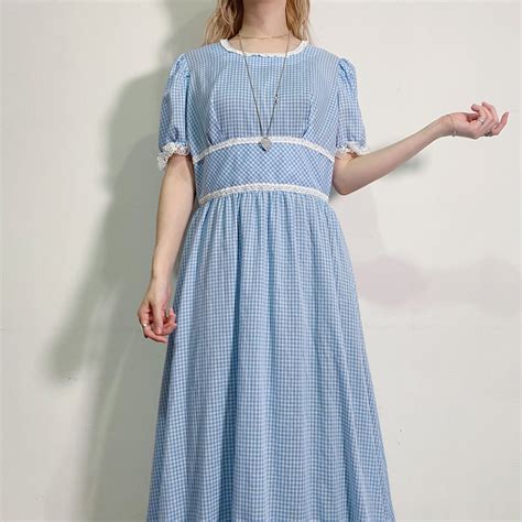 70s sax blue gingham check long dress | LEMON