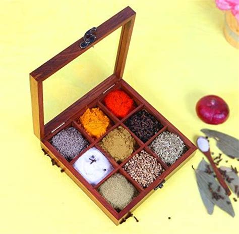 Buy Creation India Craft Masala Box for Kitchen Wooden Spice box 9 ...