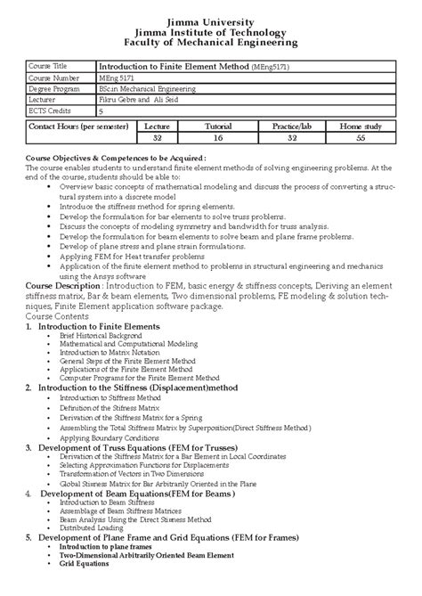 Course Syllabus: Introduction to Finite Element Method (MEng5171) - Studocu