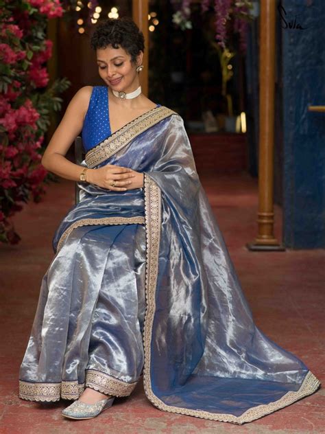 Shimmering Blue Chanderi Silk Saree With Lace|Sable|Suta