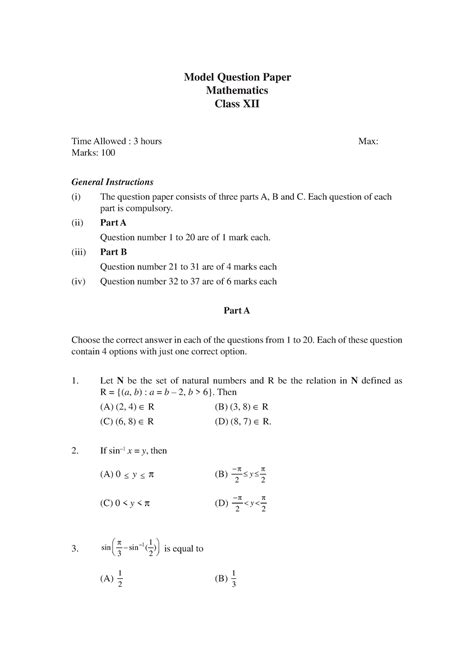 Class 12 CBSE Math - QUESTION PAPER - Model Question Paper Mathematics ...