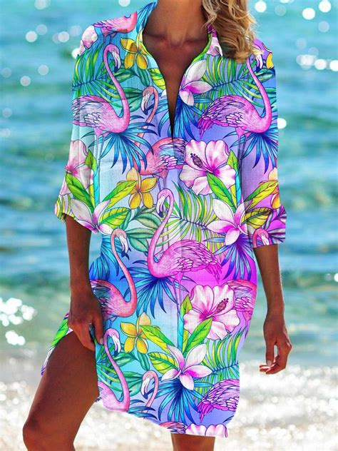 Women's Flamingo Print Beach Shirt Dress | Classic shirt dress, Elegant ...