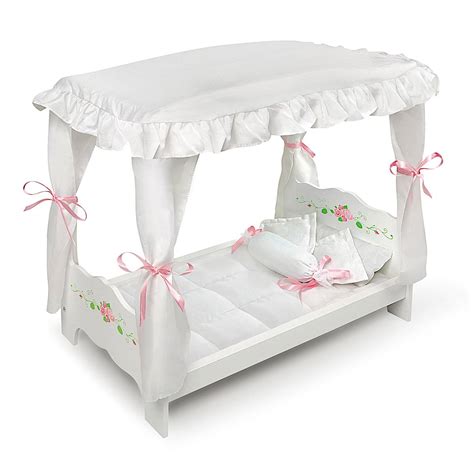 Arched Canopy Doll Bed With White Bedding And Matching Fabric-Wrapped ...