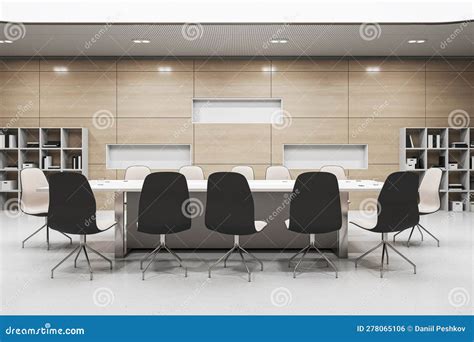 Front View on Modern Light Conference Table Surrounded by Stylish ...