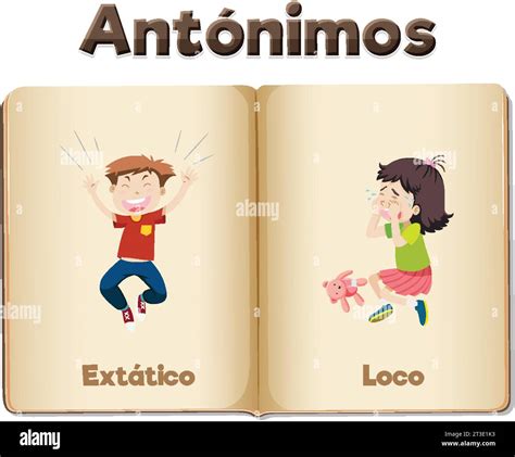 Illustrated word cards depicting the antonyms 'Extático' (Happy) and ...