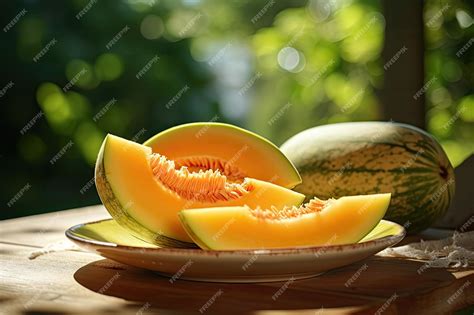 Premium Photo | Sliced Melons on a Plate on a Wooden Table in Sunlight ...