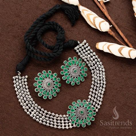 Oxidised Stone Studded Choker Set with Floral Pendant - Sasitrends