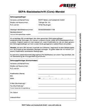 Fillable Online reiff-reifen SEPA Basislastschrift (Core) Mandat Fax ...