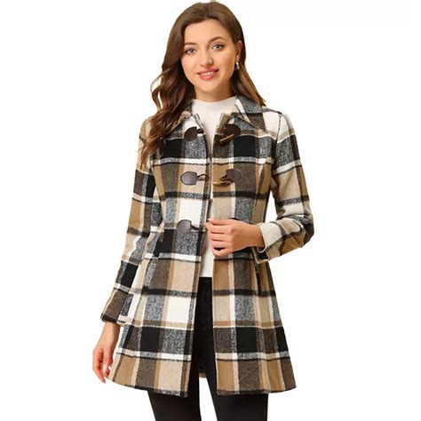Women's Turn Down Collar Plaid Toggle Duffle Long Overcoat
