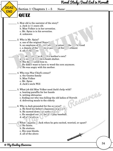 Dead End in Norvelt Section Quizzes & Word Search Puzzles - My Reading ...