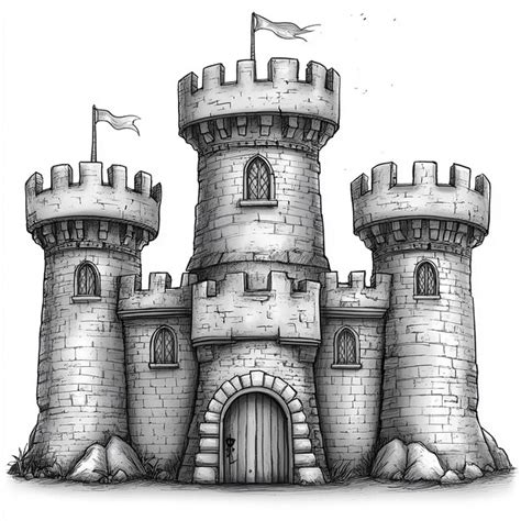 Frontansicht des Schlosses für eine Fantasy-Karte schwarz-weiß mit ...