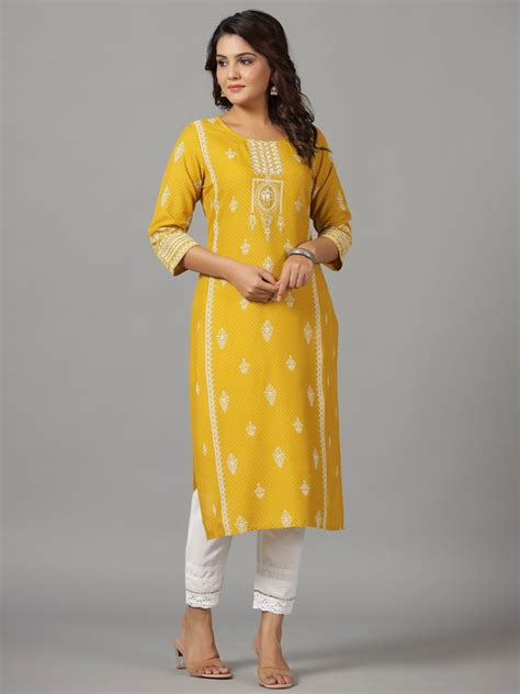 Shop Juniper Mustard Ethnic Motif Rayon Kurta - Beads & Sequins ...