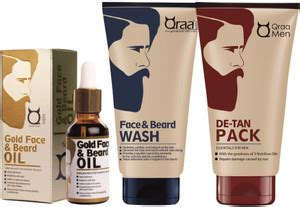 Qraa Men Gold Face And Beard Oil 30ml + Face & Beard Wash 100gm + De ...