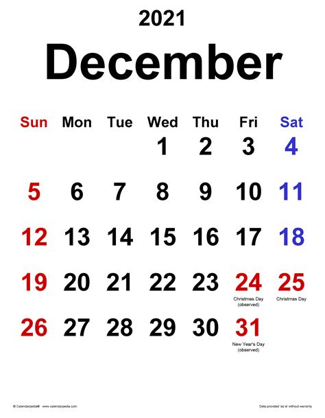 December 2021 Calendar | Templates for PDF, Excel and Word
