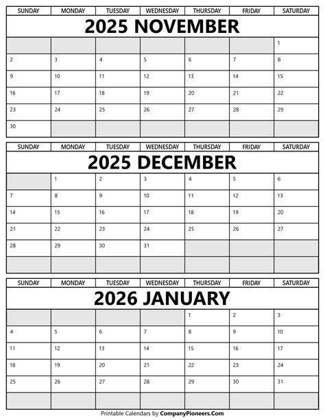 November 2025 Through January 2026 Calendar