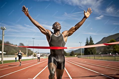 A Black athlete crossing the finish line in a race with determination ...