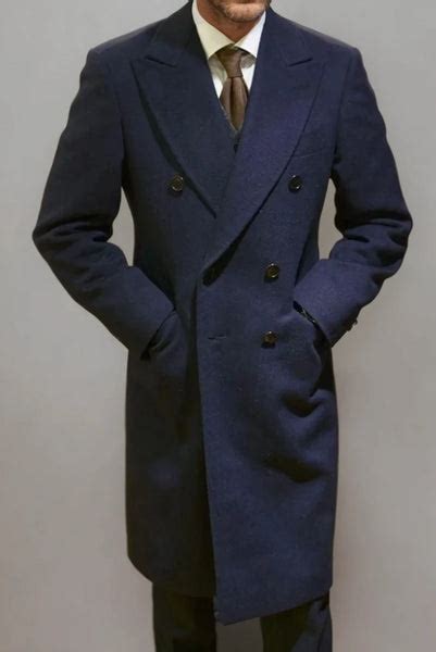 Navy Blue Overcoat For Men Tweed Double Breasted Trench Coat By Sainly