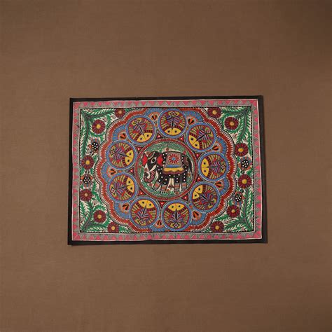 Multicolor Elephant Mandala Handpainted Madhubani Painting by Hira Devi